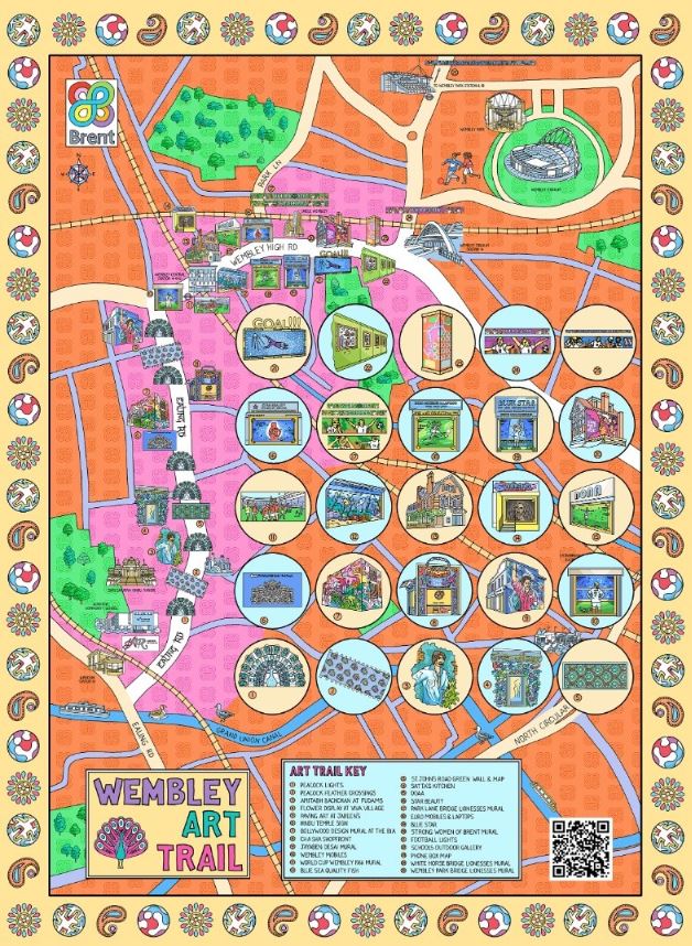 An artistic map showing where the different exhibits are located in the Wembley art trail