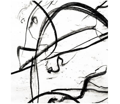 Exhibition artwork - interconnected-realities showing black brush strokes on white canvas