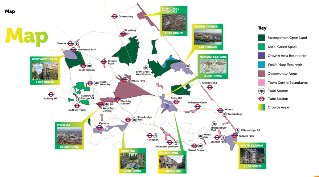 Map of Regeneration growth areas. Map shows •	Burnt Oak and Colindale 2,100 homes. •	Staples Corner 2,200 homes •	Neasden Stations 2,000 homes •	Church End 1,300 homes •	South Kilburn 2,100 homes •	Alperton 6,800 homes •	Wembley 15,000 homes •	Northwick Park 2,000 homes