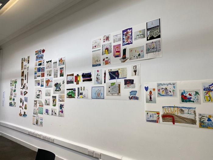 Metroland Culture and Kilburn Grange School exhibition - wall with drawing made by the pupils of the school.