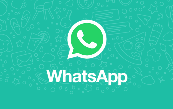 Whatsapp logo with the word WhatsApp underneath with turquoise backgrounds and cartoon emojis with white outline. 