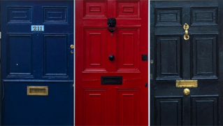 Three front doors, two are blue and one is red