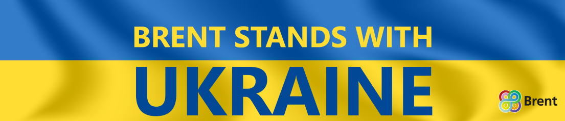 Ukraine flag with the message, Brent stands with Ukraine